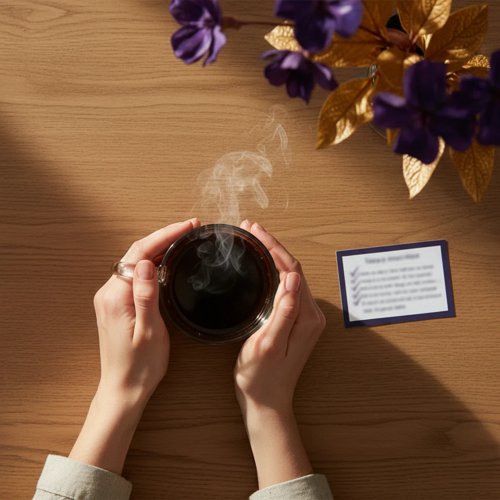 Close-up of two hands cradling a glass mug of warm coffee on a wooden table, morning checklist beside it